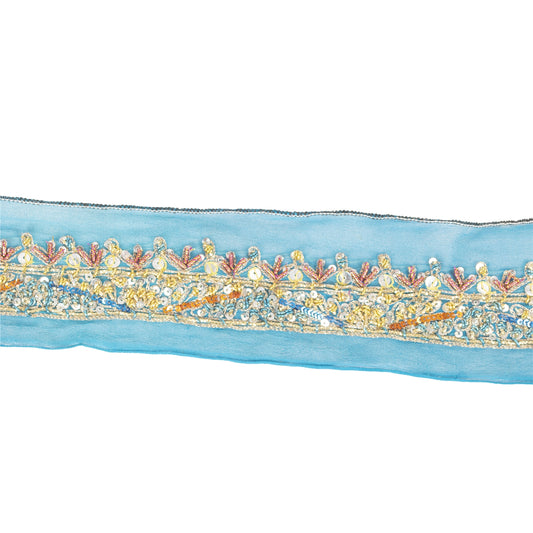 Sanskriti Vintage Sari Border Hand Beaded Zardozi Lace 1.5W Ribbon Zari Blue