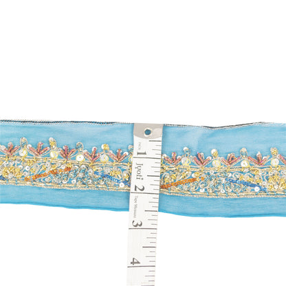 Sanskriti Vintage Sari Border Hand Beaded Zardozi Lace 1.5W Ribbon Zari Blue