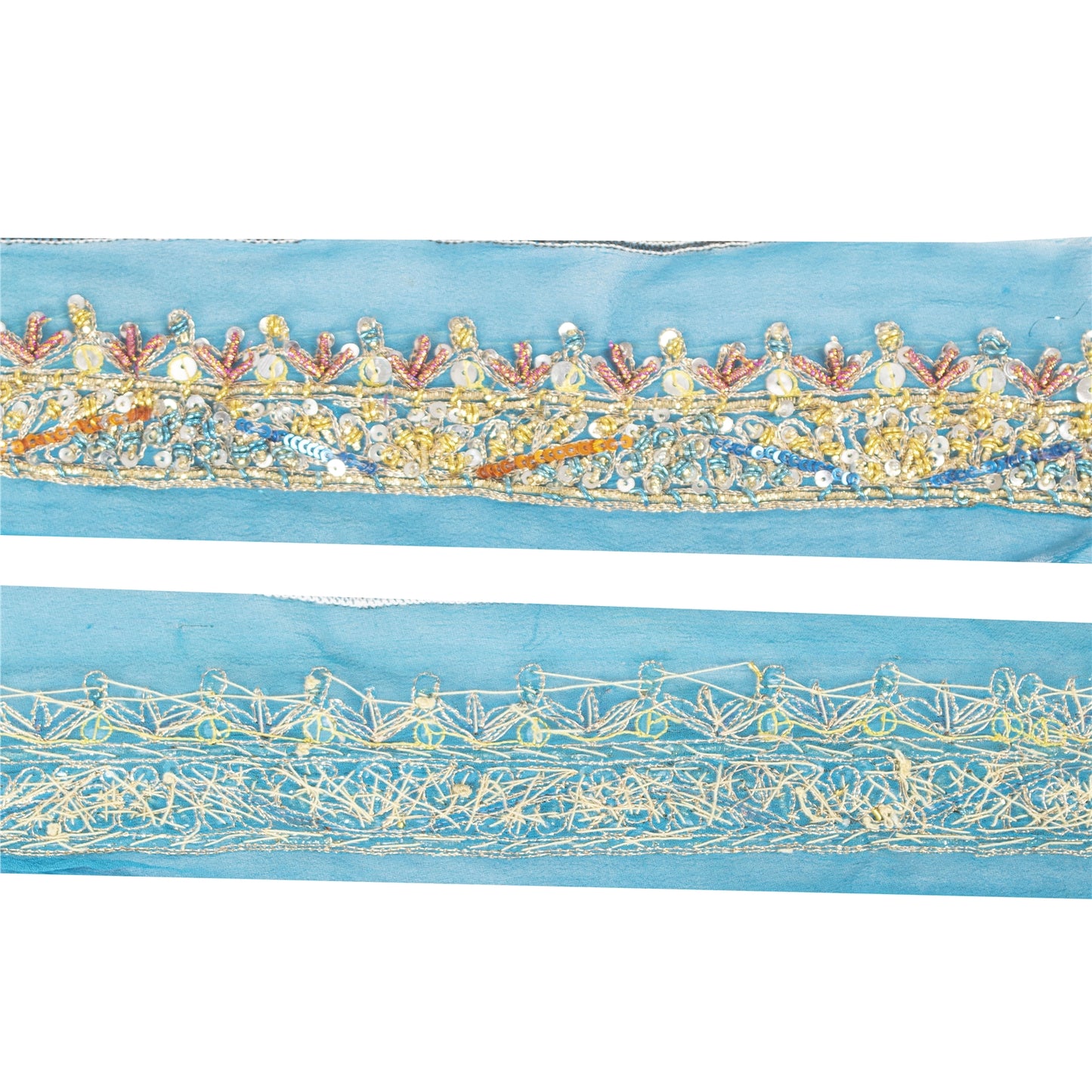 Sanskriti Vintage Sari Border Hand Beaded Zardozi Lace 1.5W Ribbon Zari Blue