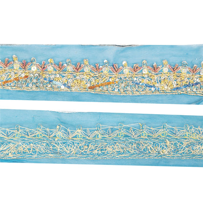 Sanskriti Vintage Sari Border Hand Beaded Zardozi Lace 1.5W Ribbon Zari Blue
