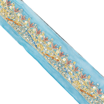 Sanskriti Vintage Sari Border Hand Beaded Zardozi Lace 1.5W Ribbon Zari Blue