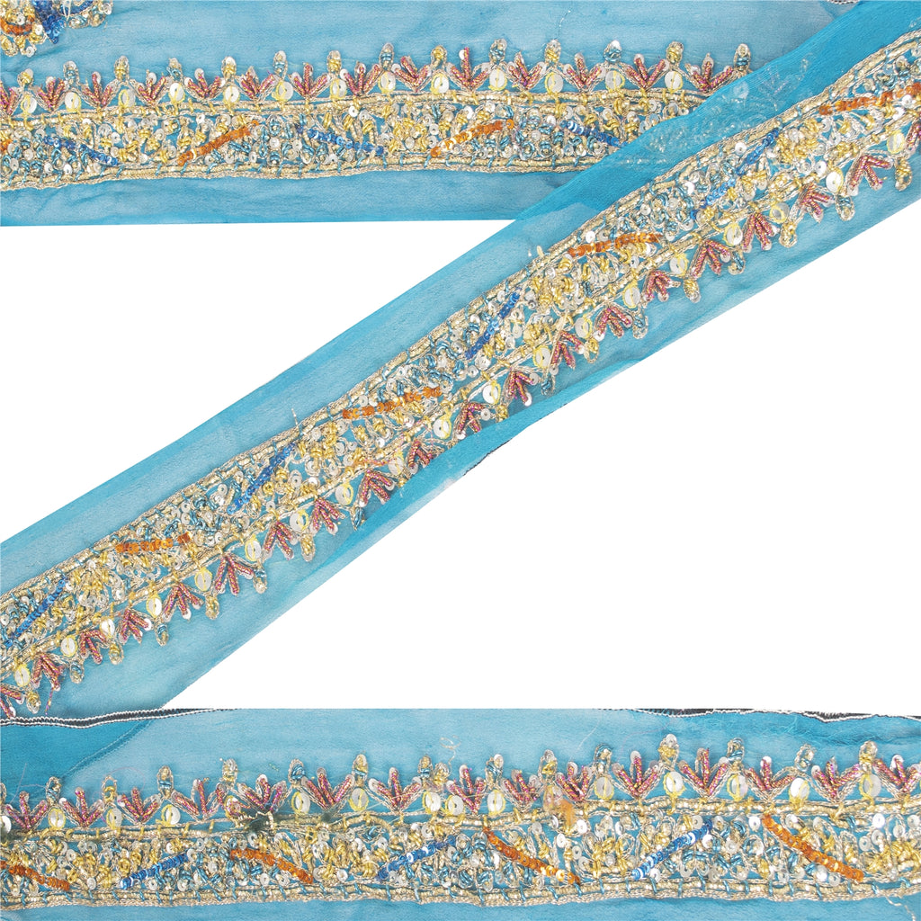 Sanskriti Vintage Sari Border Hand Beaded Zardozi Lace 1.5W Ribbon Zari Blue