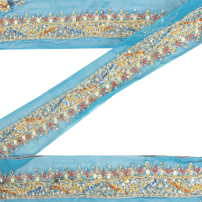 Sanskriti Vintage Sari Border Hand Beaded Zardozi Lace 1.5W Ribbon Zari Blue