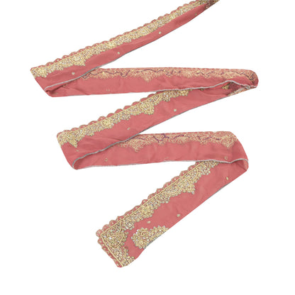 SANSKRITI VINTAGE SARI BORDER HAND BEADED ZARI CRAFT TRIMS LACE 1YD FLORAL PINK