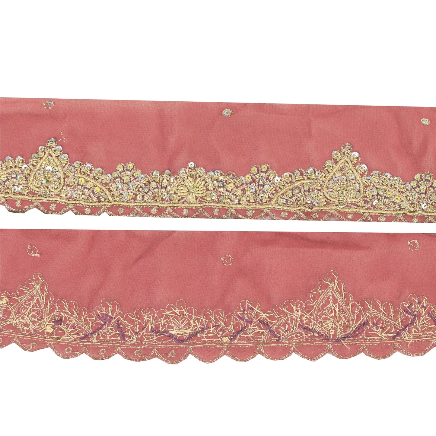 SANSKRITI VINTAGE SARI BORDER HAND BEADED ZARI CRAFT TRIMS LACE 1YD FLORAL PINK
