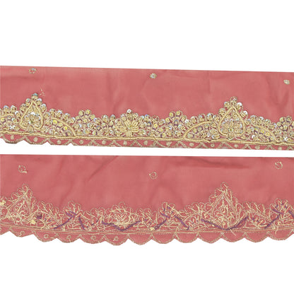 SANSKRITI VINTAGE SARI BORDER HAND BEADED ZARI CRAFT TRIMS LACE 1YD FLORAL PINK
