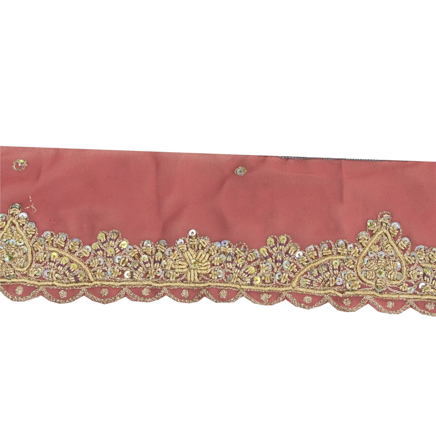 SANSKRITI VINTAGE SARI BORDER HAND BEADED ZARI CRAFT TRIMS LACE 1YD FLORAL PINK