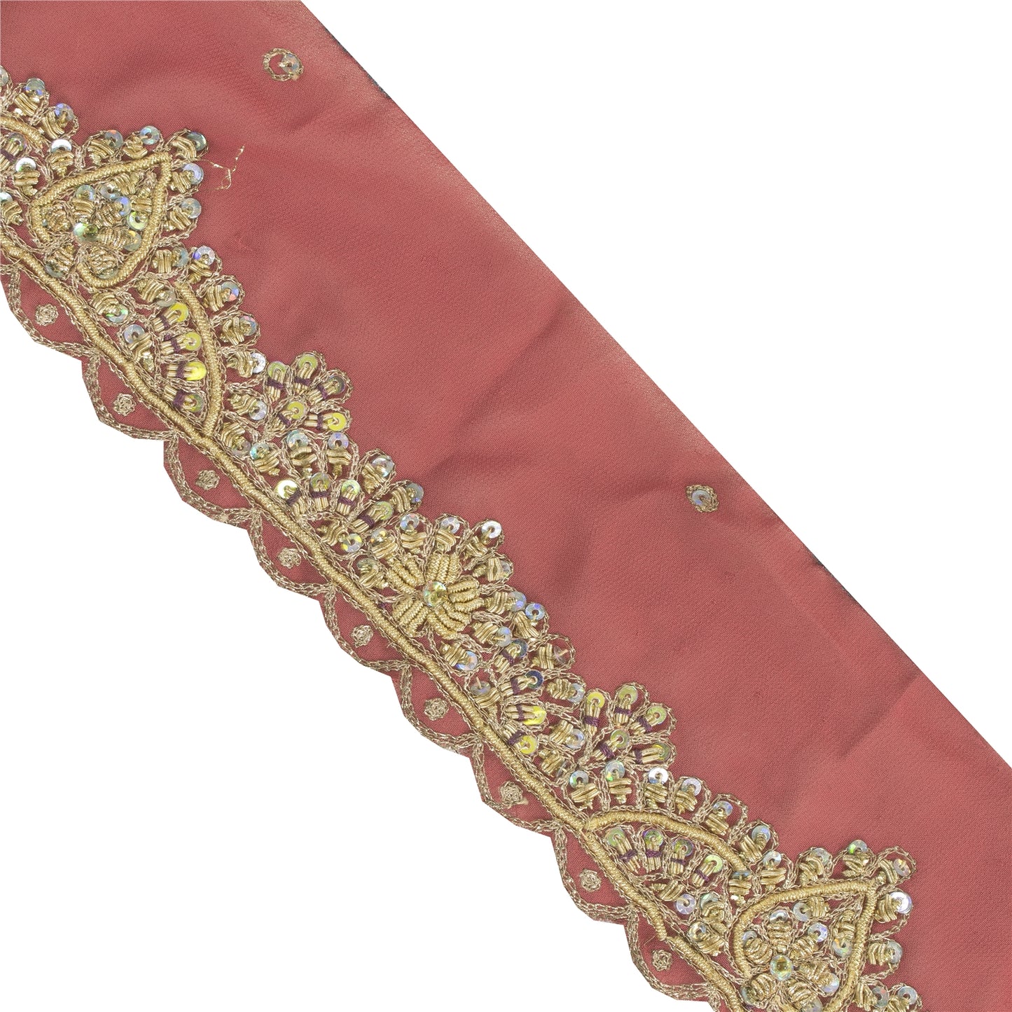 SANSKRITI VINTAGE SARI BORDER HAND BEADED ZARI CRAFT TRIMS LACE 1YD FLORAL PINK
