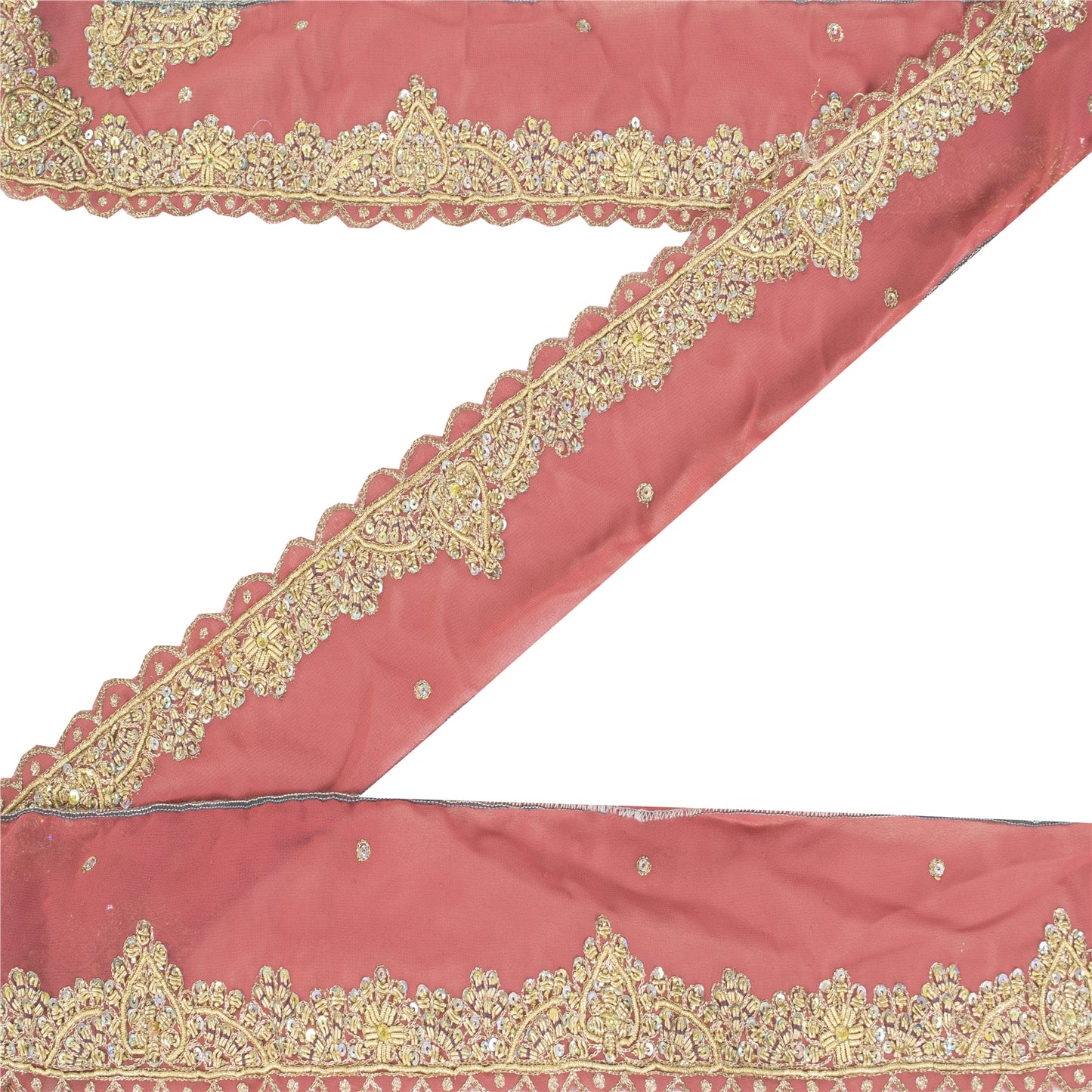 SANSKRITI VINTAGE SARI BORDER HAND BEADED ZARI CRAFT TRIMS LACE 1YD FLORAL PINK