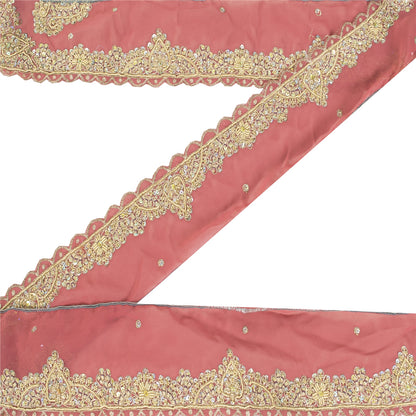 SANSKRITI VINTAGE SARI BORDER HAND BEADED ZARI CRAFT TRIMS LACE 1YD FLORAL PINK