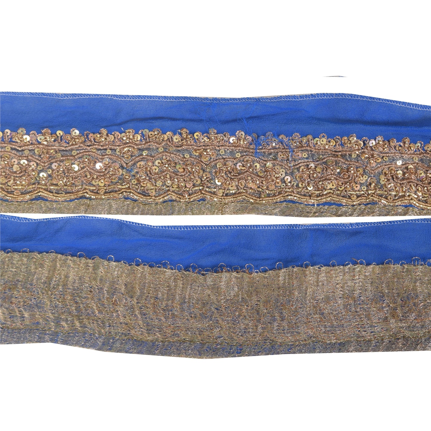 Sanskriti Vintage Sari Border Hand Beaded Zari Zardozi 1 YD Trims Blue 2W Lace