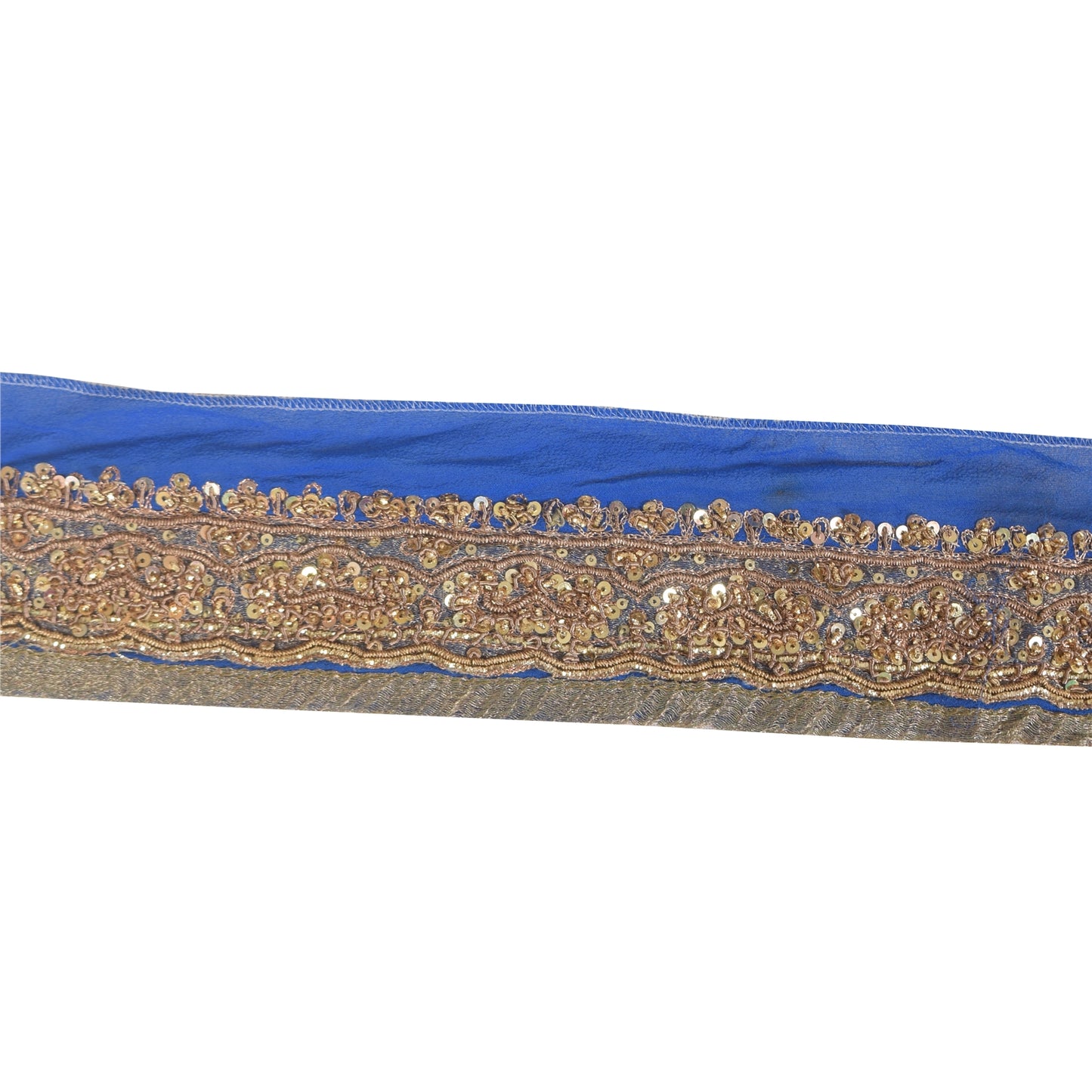 Sanskriti Vintage Sari Border Hand Beaded Zari Zardozi 1 YD Trims Blue 2W Lace