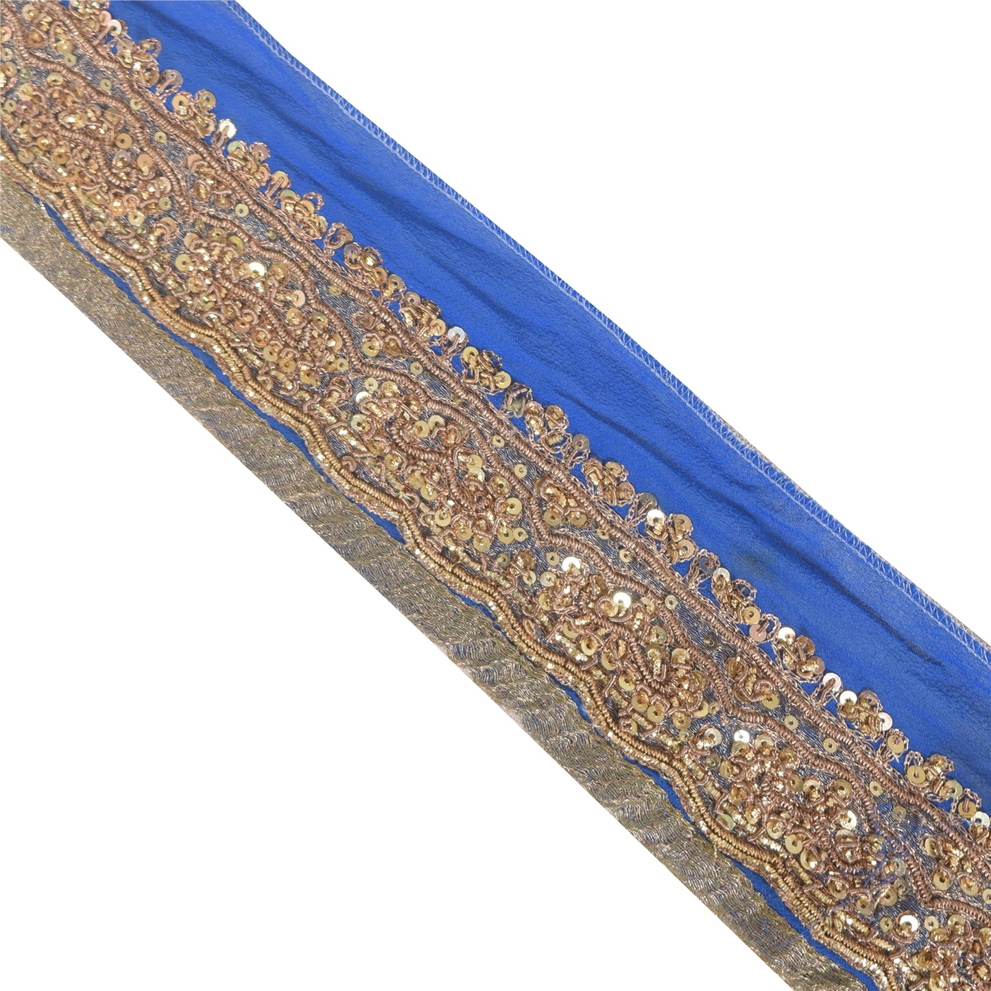 Sanskriti Vintage Sari Border Hand Beaded Zari Zardozi 1 YD Trims Blue 2W Lace