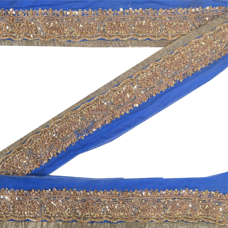 Sanskriti Vintage Sari Border Hand Beaded Zari Zardozi 1 YD Trims Blue 2W Lace