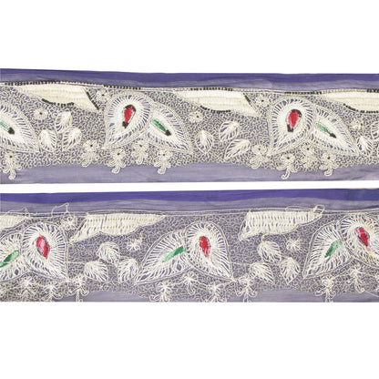 Sanskriti Vintage Sari Border Hand Beaded Zari 1 YD Trim 3 W Blue Silk Lace