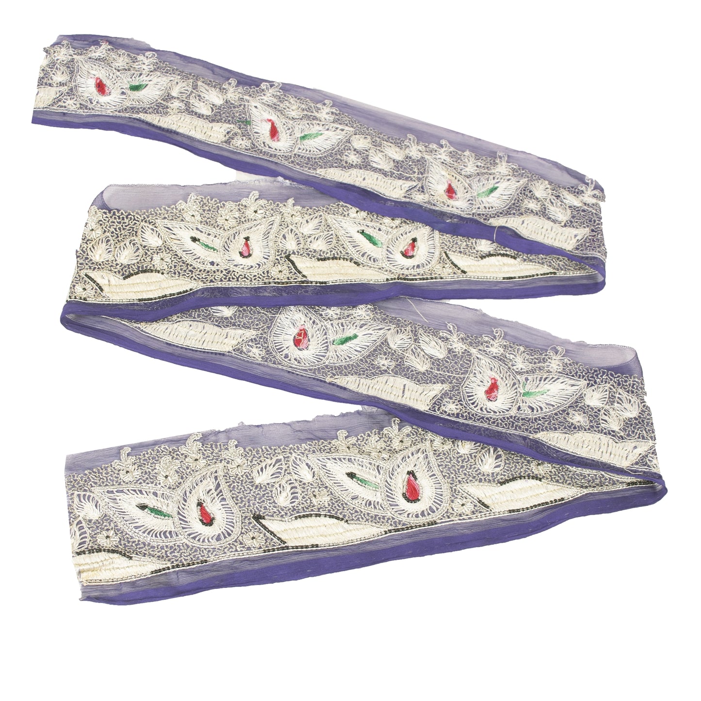 Sanskriti Vintage Sari Border Hand Beaded Zari 1 YD Trim 3 W Blue Silk Lace