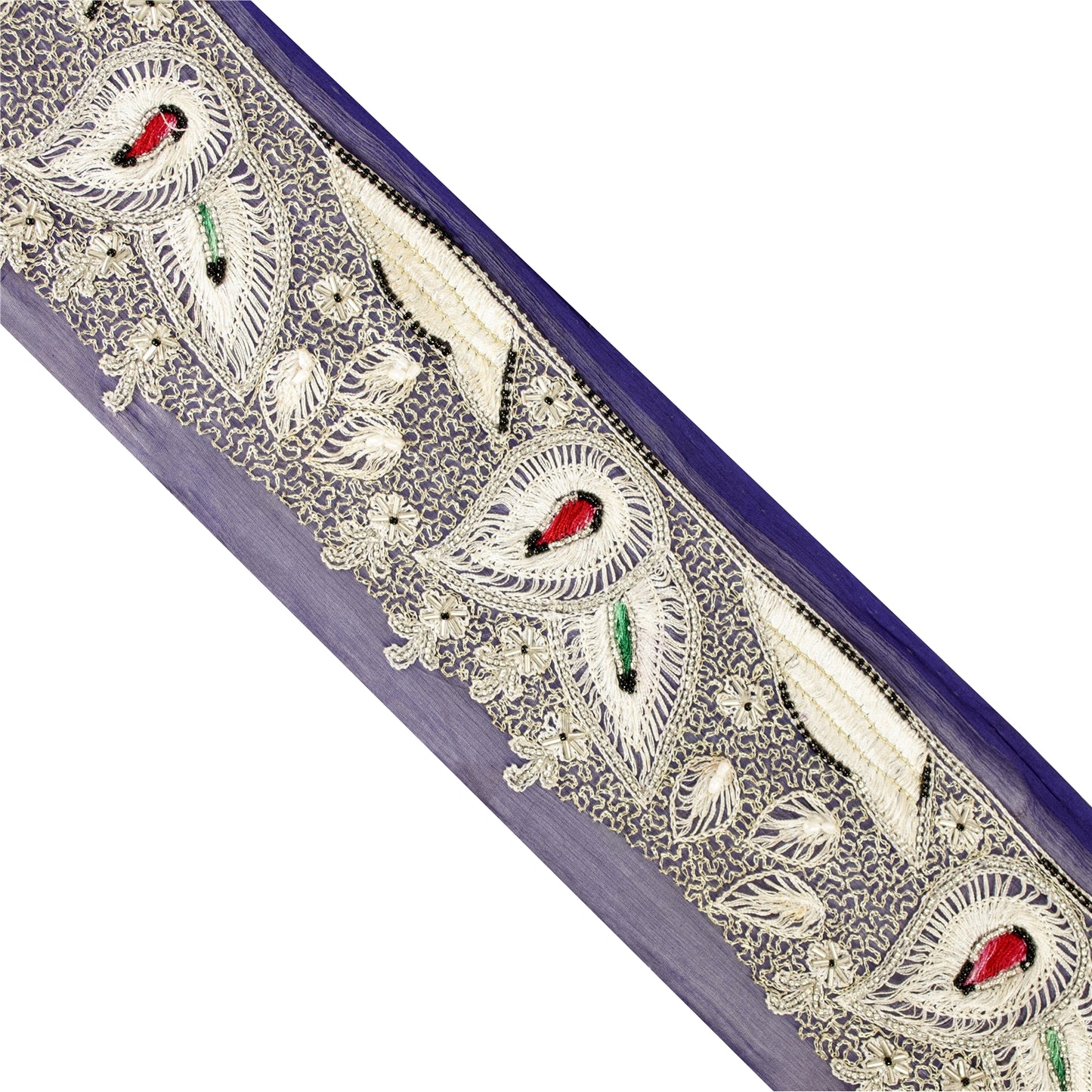 Sanskriti Vintage Sari Border Hand Beaded Zari 1 YD Trim 3 W Blue Silk Lace