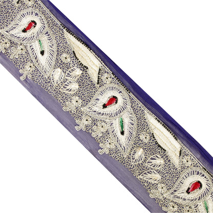 Sanskriti Vintage Sari Border Hand Beaded Zari 1 YD Trim 3 W Blue Silk Lace