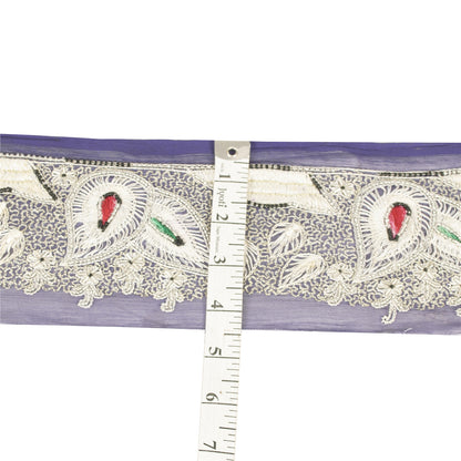 Sanskriti Vintage Sari Border Hand Beaded Zari 1 YD Trim 3 W Blue Silk Lace