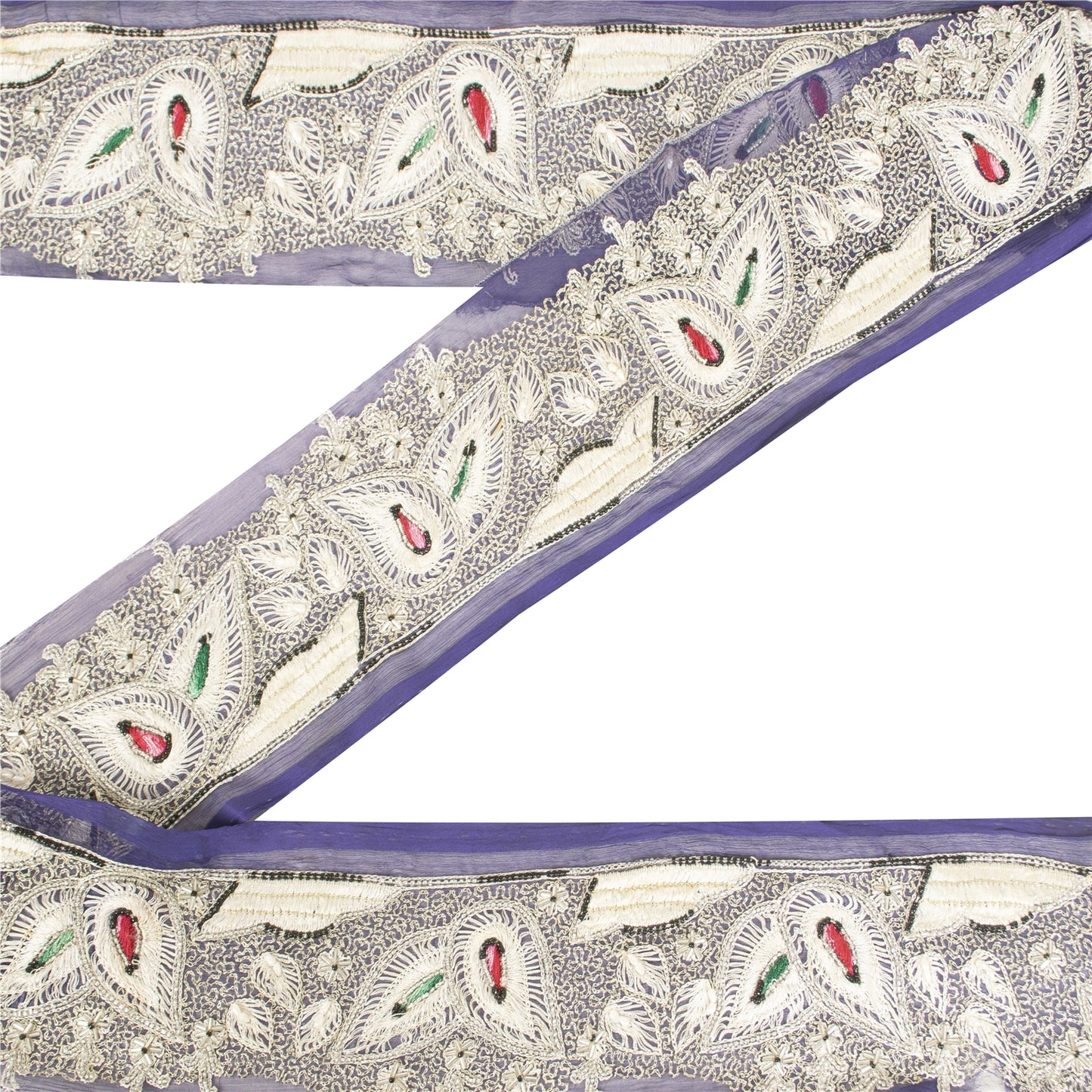 Sanskriti Vintage Sari Border Hand Beaded Zari 1 YD Trim 3 W Blue Silk Lace