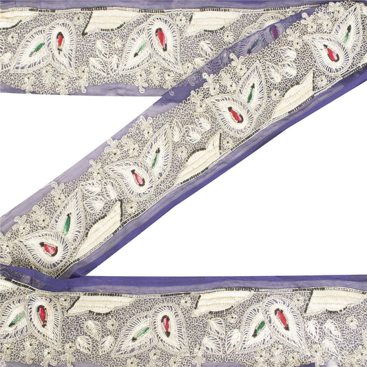 Sanskriti Vintage Sari Border Hand Beaded Zari 1 YD Trim 3 W Blue Silk Lace