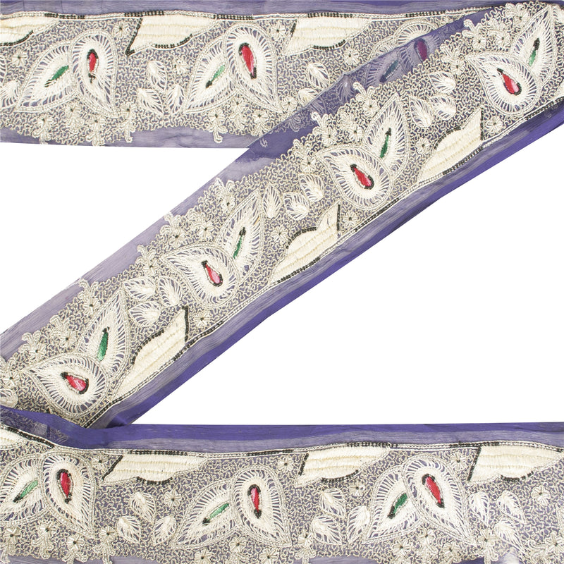 Sanskriti Vintage Sari Border Hand Beaded Zari 1 YD Trim 3 W Blue Silk Lace