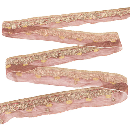 Sanskriti Vintage Sari Border Hand Beaded Dabka 1YD Trims 1"W Pink Ribbon Lace