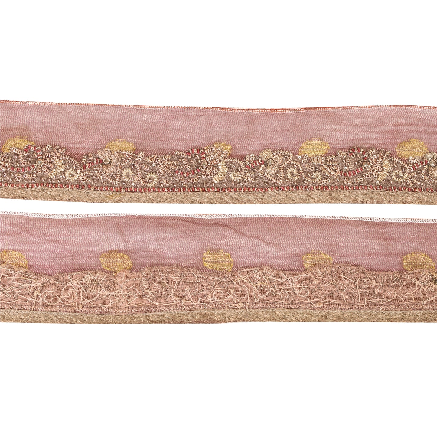 Sanskriti Vintage Sari Border Hand Beaded Dabka 1YD Trims 1"W Pink Ribbon Lace