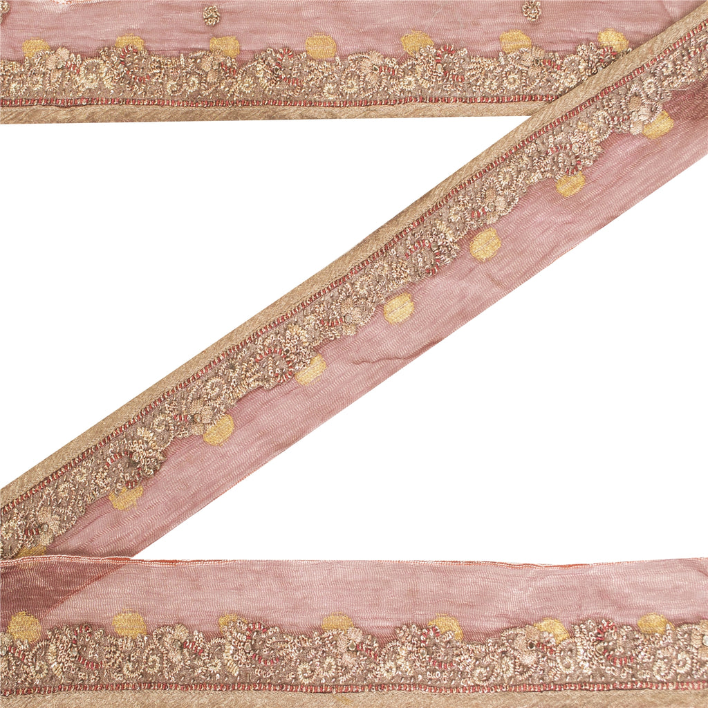 Sanskriti Vintage Sari Border Hand Beaded Dabka 1YD Trims 1"W Pink Ribbon Lace