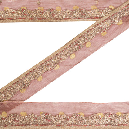 Sanskriti Vintage Sari Border Hand Beaded Dabka 1YD Trims 1"W Pink Ribbon Lace