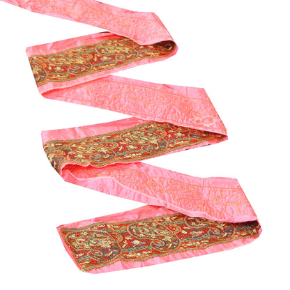 Sanskriti Vintage Sari Border Hand Beaded Zari Zardozi 1 YD 2W Pink Patch Trim