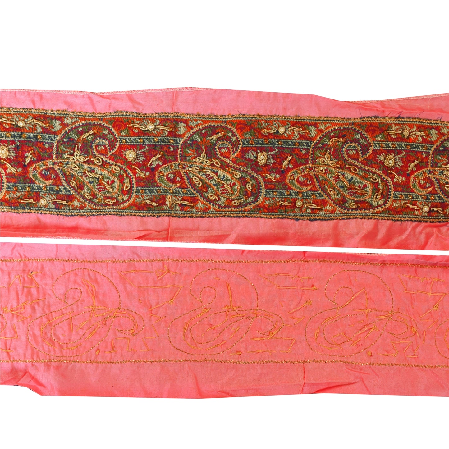 Sanskriti Vintage Sari Border Hand Beaded Zari Zardozi 1 YD 2W Pink Patch Trim
