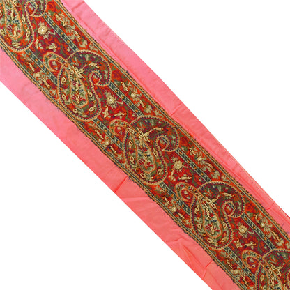 Sanskriti Vintage Sari Border Hand Beaded Zari Zardozi 1 YD 2W Pink Patch Trim