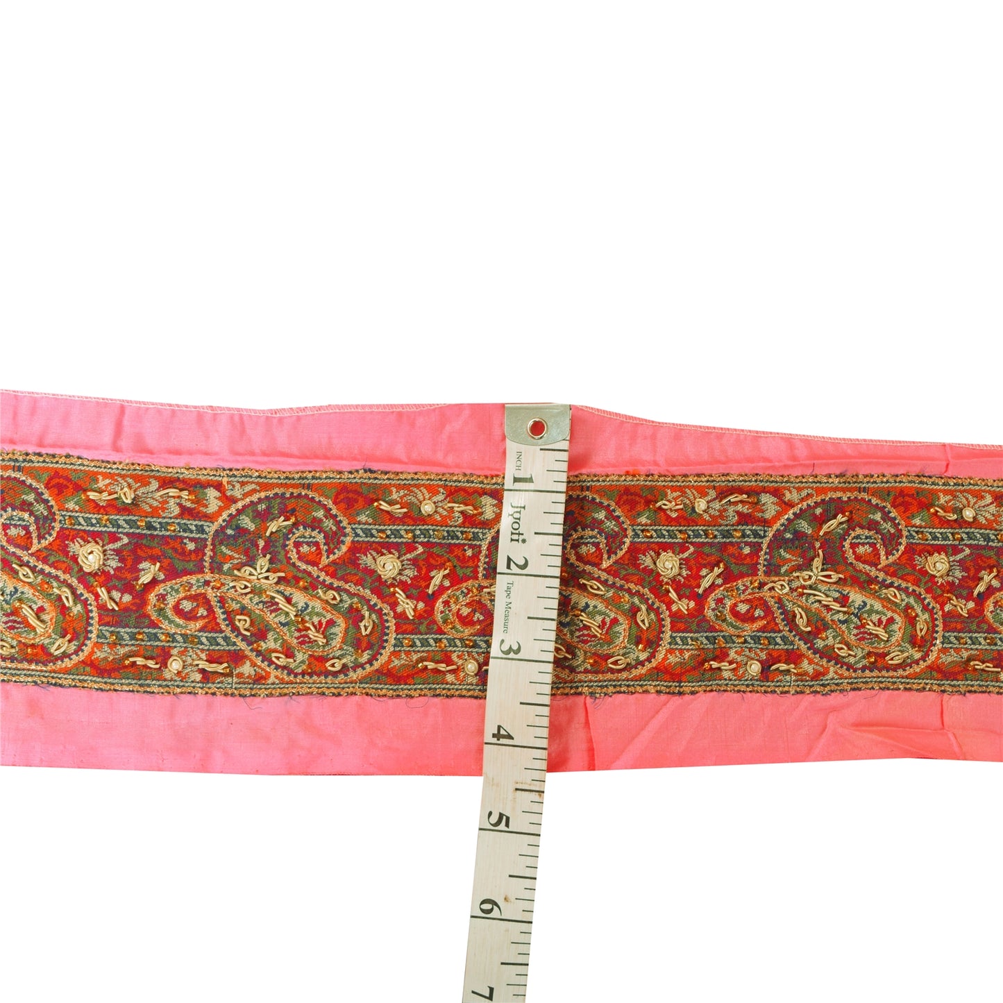 Sanskriti Vintage Sari Border Hand Beaded Zari Zardozi 1 YD 2W Pink Patch Trim