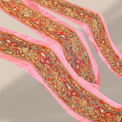 Sanskriti Vintage Sari Border Hand Beaded Zari Zardozi 1 YD 2W Pink Patch Trim