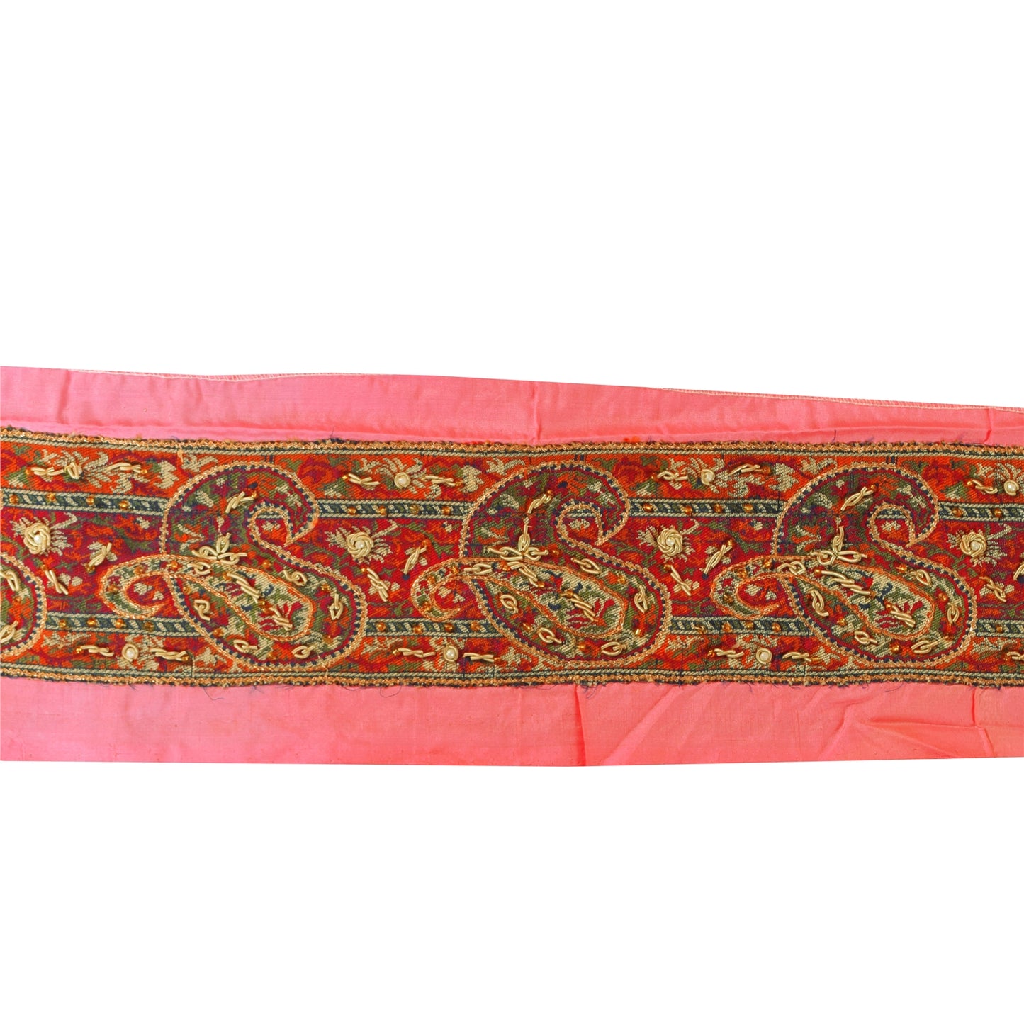 Sanskriti Vintage Sari Border Hand Beaded Zari Zardozi 1 YD 2W Pink Patch Trim
