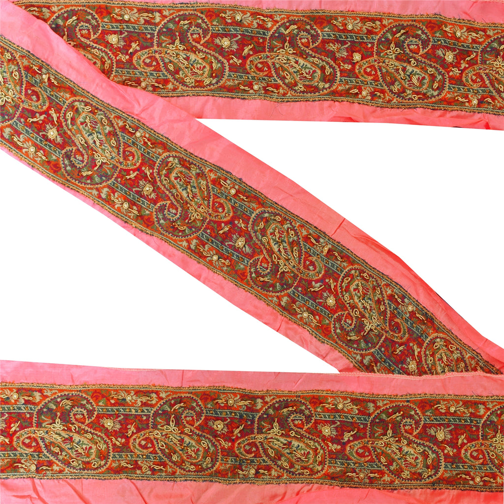 Sanskriti Vintage Sari Border Hand Beaded Zari Zardozi 1 YD 2W Pink Patch Trim