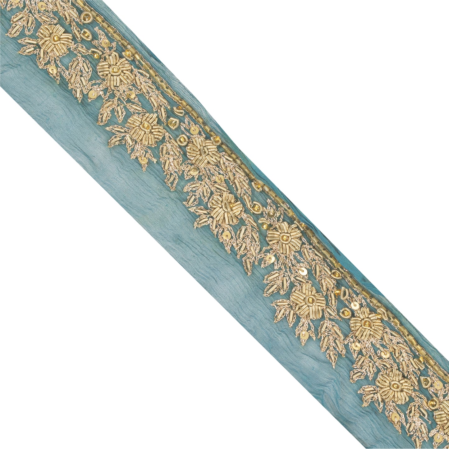 Sanskriti Vintage Sari Border Hand Beaded 1YD Trims Green Lace 1.5W Zari Zardozi