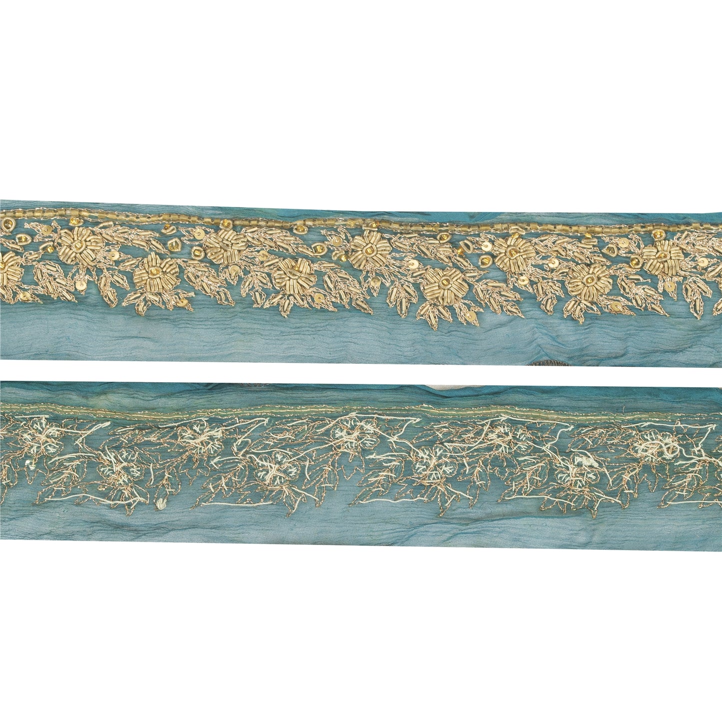 Sanskriti Vintage Sari Border Hand Beaded 1YD Trims Green Lace 1.5W Zari Zardozi