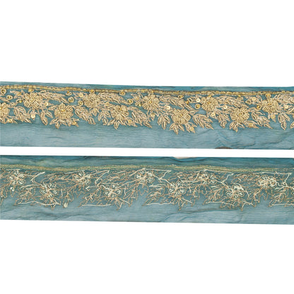 Sanskriti Vintage Sari Border Hand Beaded 1YD Trims Green Lace 1.5W Zari Zardozi