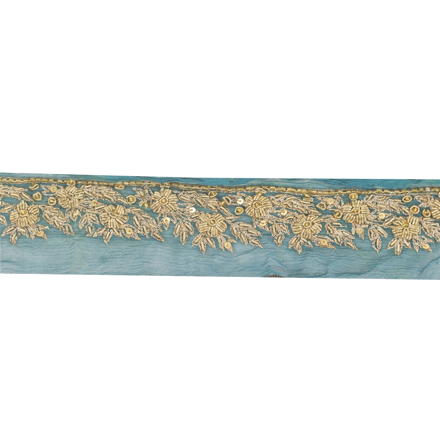 Sanskriti Vintage Sari Border Hand Beaded 1YD Trims Green Lace 1.5W Zari Zardozi