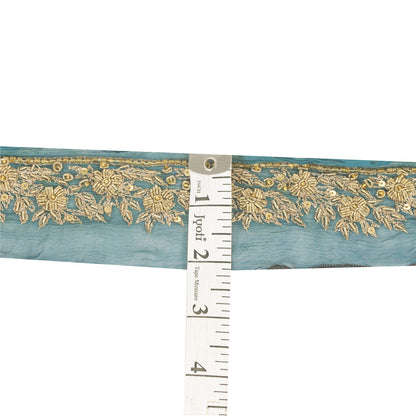 Sanskriti Vintage Sari Border Hand Beaded 1YD Trims Green Lace 1.5W Zari Zardozi