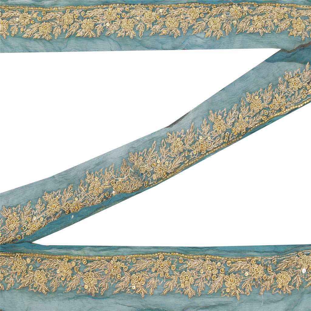 Sanskriti Vintage Sari Border Hand Beaded 1YD Trims Green Lace 1.5W Zari Zardozi