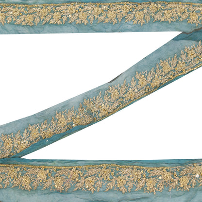 Sanskriti Vintage Sari Border Hand Beaded 1YD Trims Green Lace 1.5W Zari Zardozi