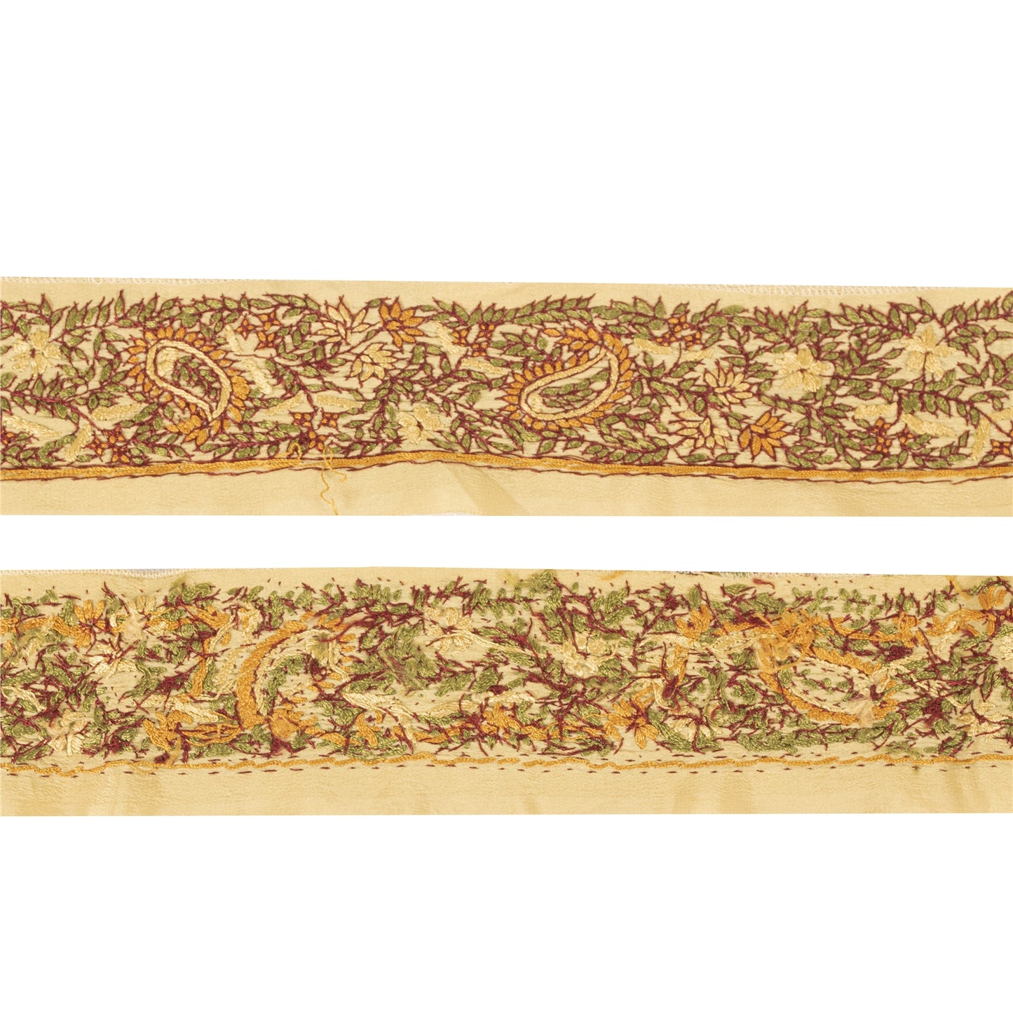 Sanskriti Vintage Sari Border Hand Embroidered Craft 1YD Sewing Cream Trims Lace