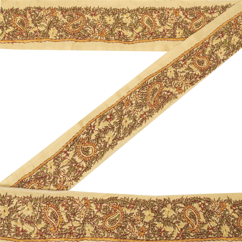 Sanskriti Vintage Sari Border Hand Embroidered Craft 1YD Sewing Cream Trims Lace