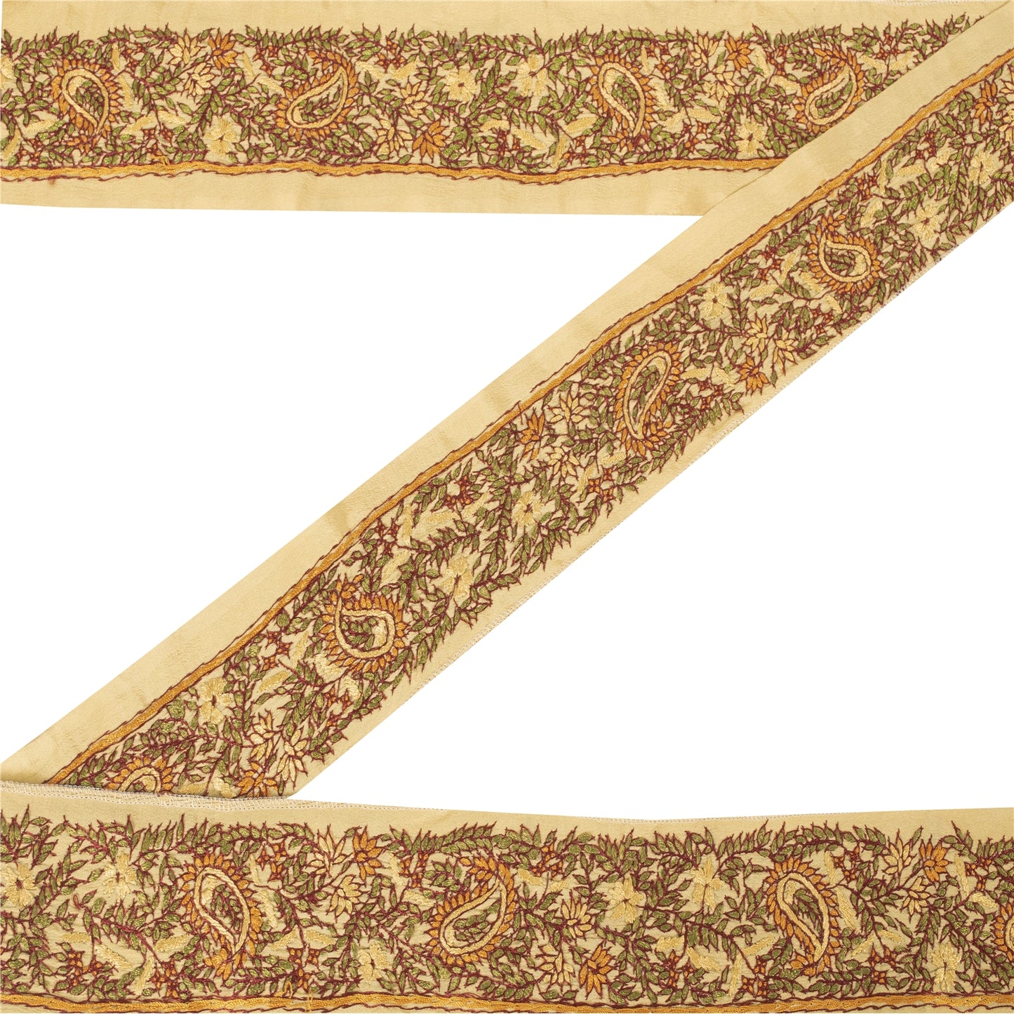 Sanskriti Vintage Sari Border Hand Embroidered Craft 1YD Sewing Cream Trims Lace