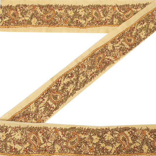 Sanskriti Vintage Sari Border Hand Embroidered Craft 1YD Sewing Cream Trims Lace