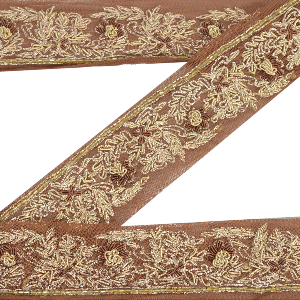 Sanskriti Vintage Sari Kant Håndperlet Håndværk 1 Yd Syning Brune Kanter Blonde