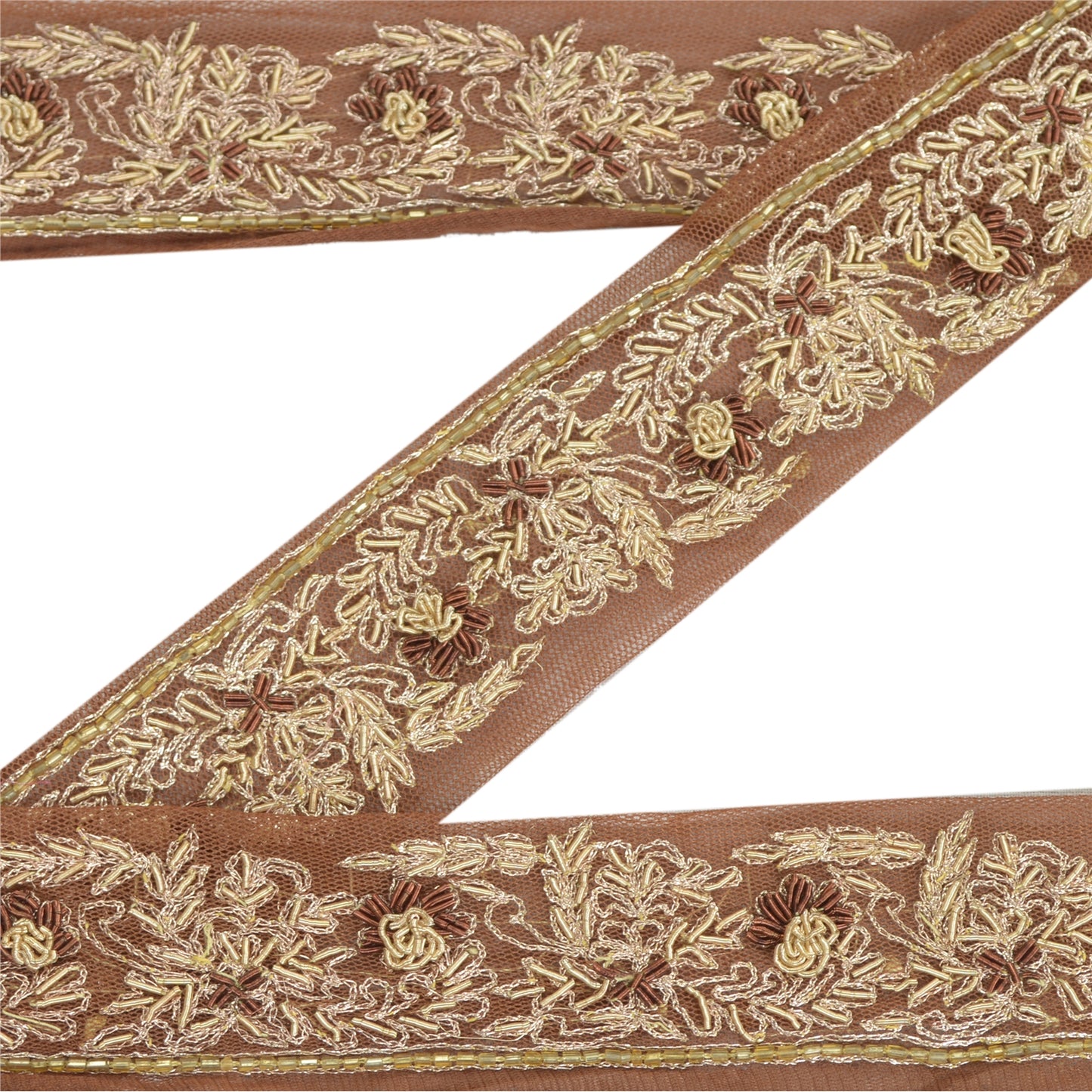 Sanskriti Vintage Sari Kant Håndperlet Håndværk 1 Yd Syning Brune Kanter Blonde